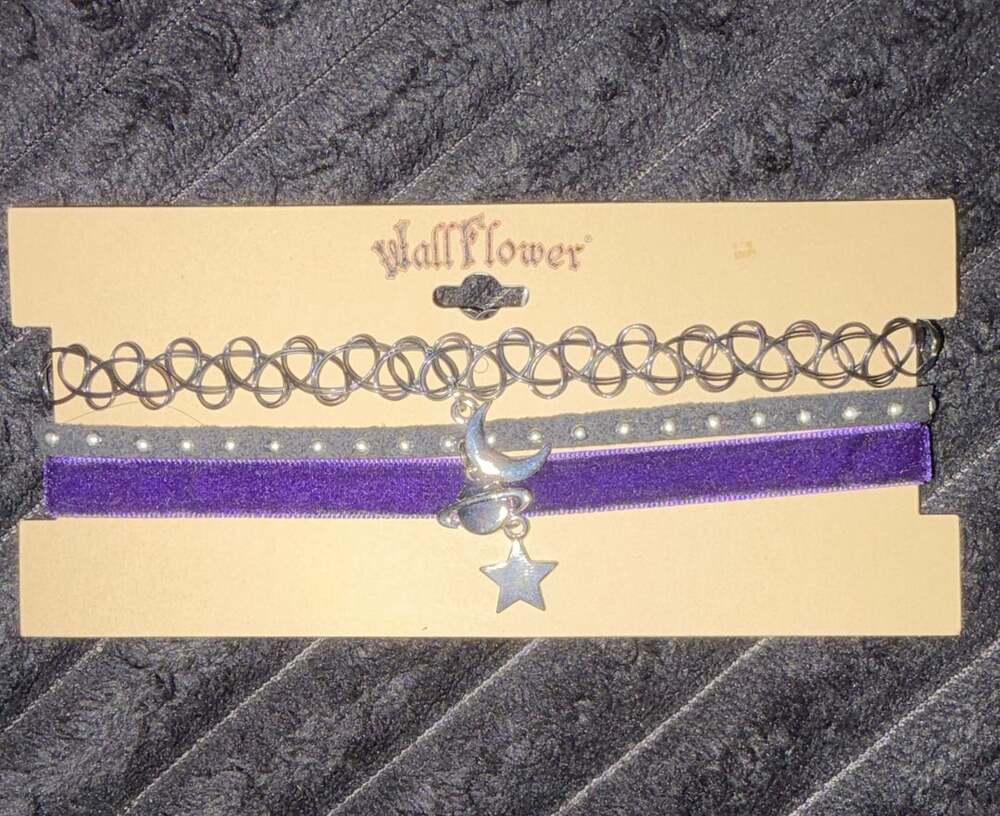 Wallflower Choker Necklace Set with Silver Moon Star Planet Charm and Velvet
